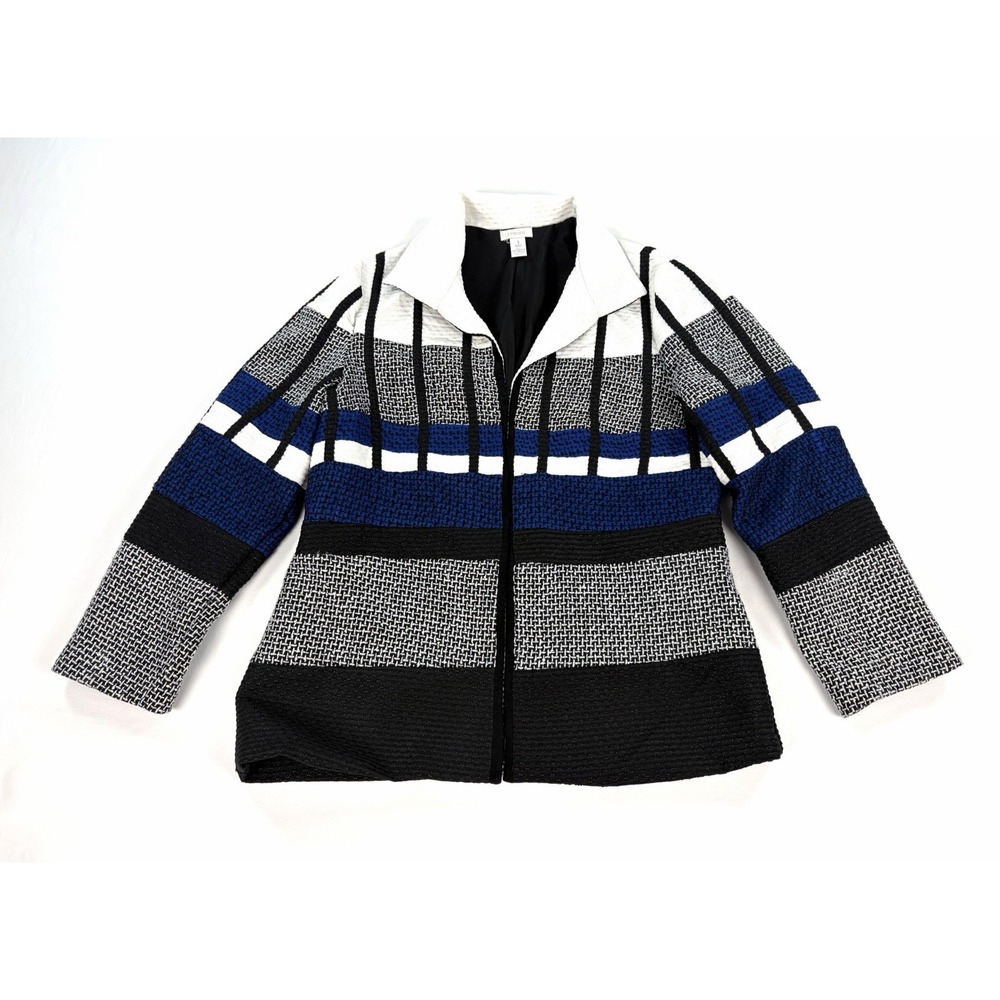 Chico's Colorblock Tweed Blazer Open Front Jacket 1 M Blue White Black Textured
